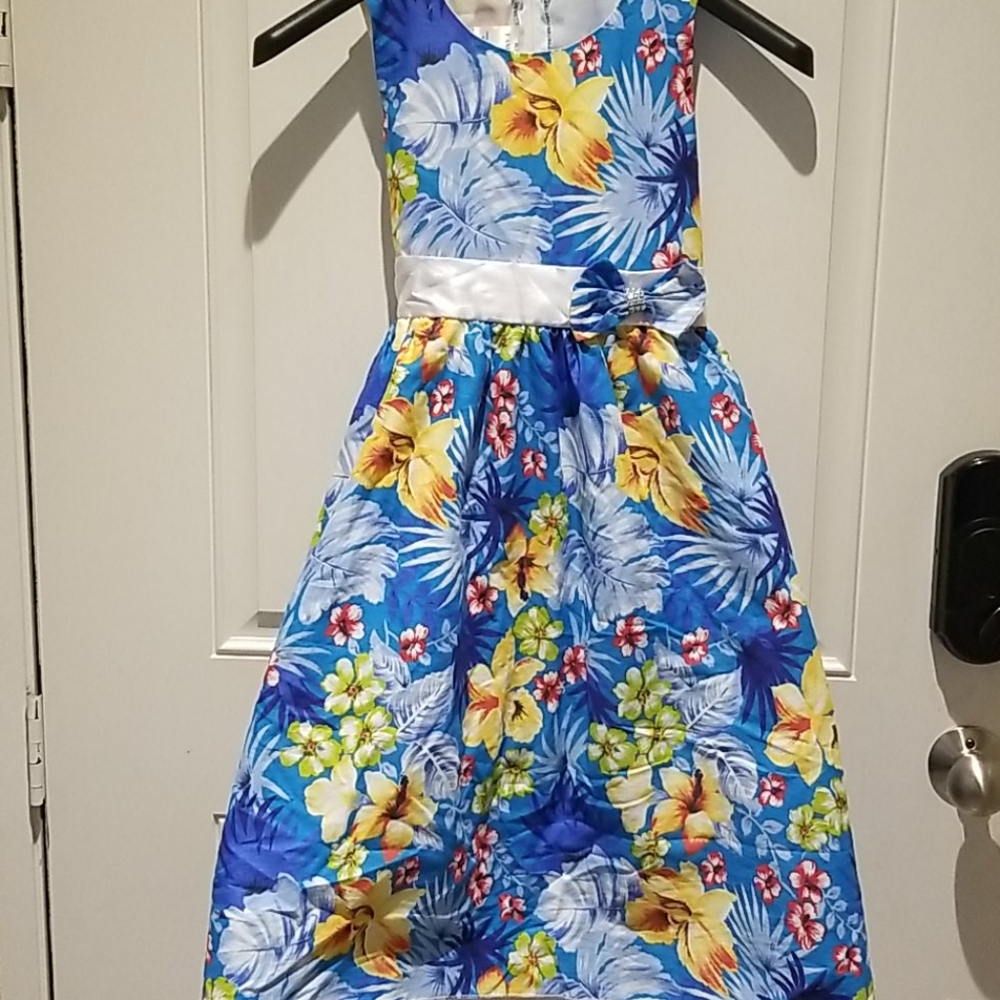 Blue Hawaiian Print Sleeveless Dress